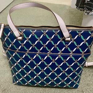 Anne Kline Navy Chain print Satchel Tote white handles with gold hardware NWOT